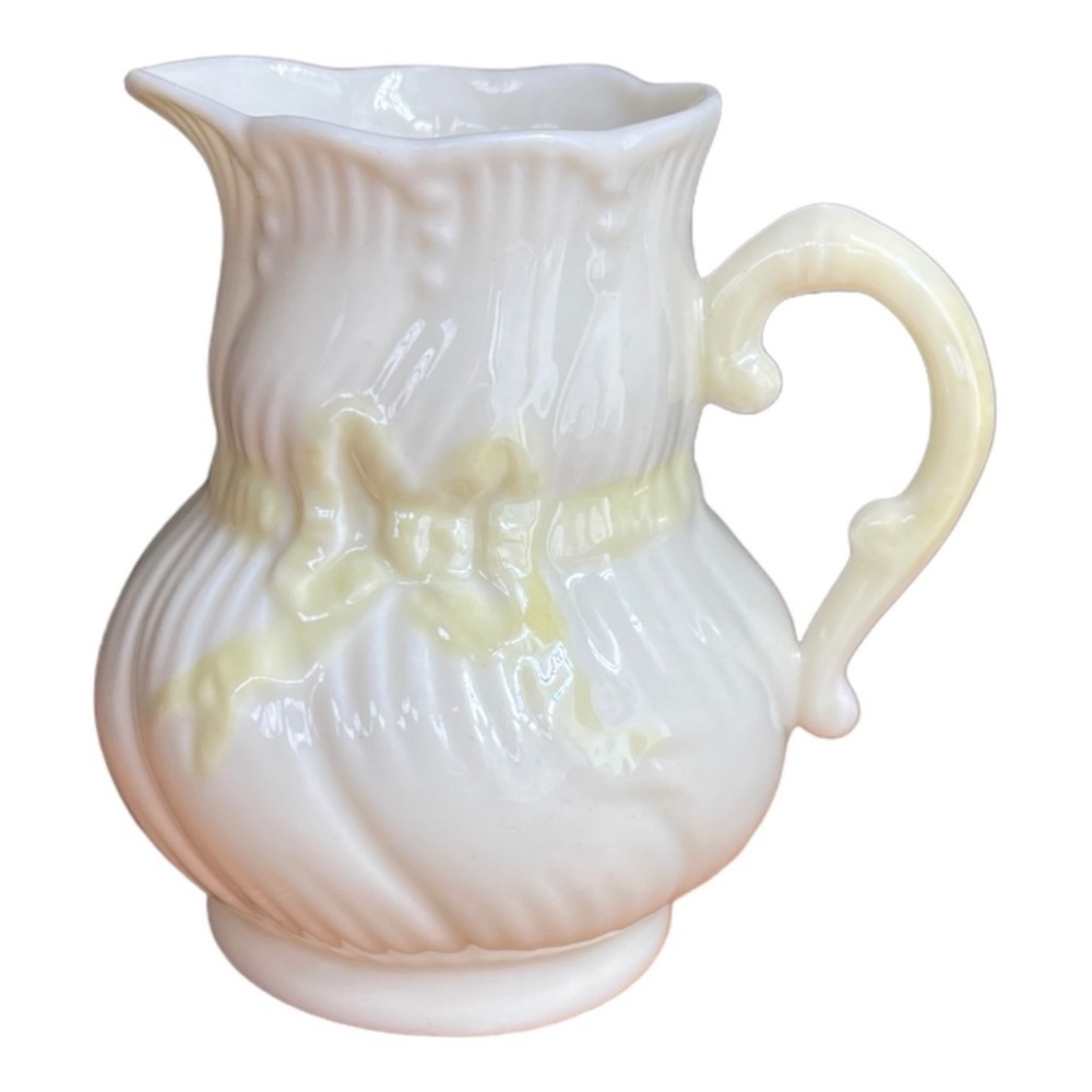 Vtg BELLEEK Yellow Ribbon Porcelain Creamer/Small Pitcher 3 1/2" - 7th Mark